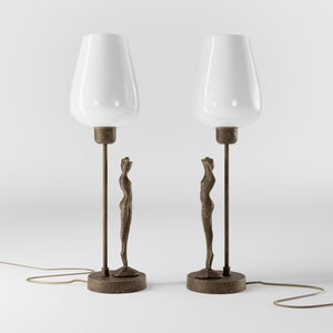 Art Deco table lamp with sculptural brass female figure and conical glossy white glass shade, decorative base by Ghidini 1849 - Finish: OAS Antique Brass