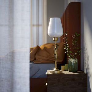 Art Deco table lamp with sculptural brass female figure and conical glossy white glass shade, decorative base by Ghidini 1849 - Finish: OBV Bronze Satin Light Brass