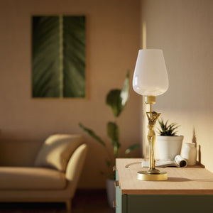 Art Deco table lamp with sculptural brass female figure and conical glossy white glass shade, decorative base by Ghidini 1849 - Finish: OBV Bronze Satin Light Brass