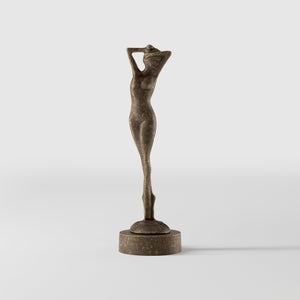 Art Deco decorative statue with dancing brass female figure, elegant pose and minimalist circular base by Ghidini 1849 - Finish: OAS Antique Brass