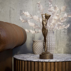 Art Deco decorative statue with dancing brass female figure, elegant pose and minimalist circular base by Ghidini 1849 - Finish: OAS Antique Brass