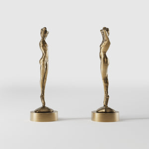 Art Deco decorative statue with dancing brass female figure, elegant pose and minimalist circular base by Ghidini 1849 - Finish: OBS Bronze Satin Brass