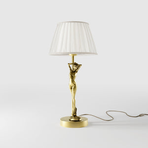 Art Deco table lamp with dancing brass female figure and pleated ivory fabric shade, essential circular base by Ghidini 1849 - Finish: OBV Bronze Satin Light Brass
