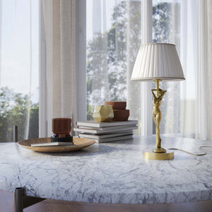 Art Deco table lamp with dancing brass female figure and pleated ivory fabric shade, essential circular base by Ghidini 1849 - Finish: OBV Bronze Satin Light Brass