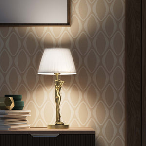 Art Deco table lamp with dancing brass female figure and pleated ivory fabric shade, essential circular base by Ghidini 1849 - Finish: OBV Bronze Satin Light Brass