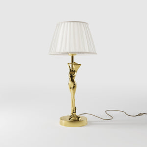 Art Deco table lamp with dancing brass female figure and pleated ivory fabric shade, essential circular base by Ghidini 1849 - Finish: OLV Polished Brass
