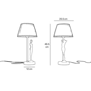 Art Deco table lamp with dancing brass female figure and pleated ivory fabric shade, essential circular base by Ghidini 1849