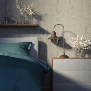 Brass table lamp with curved arm and glass diffuser, Italian design inspired by historic marine lanterns by Ghidini 1849 - Finish: OAS Antique Brass