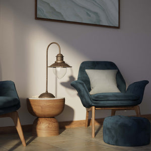 Brass table lamp with curved arm and glass diffuser, Italian design inspired by historic marine lanterns by Ghidini 1849 - Finish: OAS Antique Brass