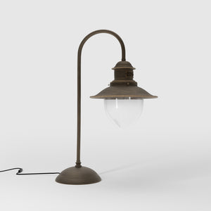 Brass table lamp with curved arm and glass diffuser, Italian design inspired by historic marine lanterns by Ghidini 1849 - Finish: OBM Bronze Satin Matt Brass
