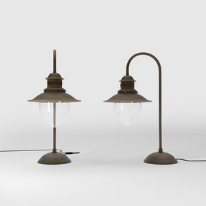 Brass table lamp with curved arm and glass diffuser, Italian design inspired by historic marine lanterns by Ghidini 1849 - Finish: OBM Bronze Satin Matt Brass