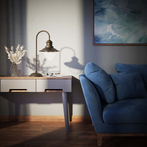 Brass table lamp with curved arm and glass diffuser, Italian design inspired by historic marine lanterns by Ghidini 1849 - Finish: OBM Bronze Satin Matt Brass