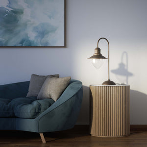 Brass table lamp with curved arm and glass diffuser, Italian design inspired by historic marine lanterns by Ghidini 1849 - Finish: OBM Bronze Satin Matt Brass