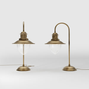 Brass table lamp with curved arm and glass diffuser, Italian design inspired by historic marine lanterns by Ghidini 1849 - Finish: OBS Bronze Satin Brass