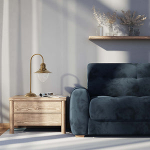 Brass table lamp with curved arm and glass diffuser, Italian design inspired by historic marine lanterns by Ghidini 1849 - Finish: OBS Bronze Satin Brass