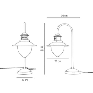 Brass table lamp with curved arm and glass diffuser, Italian design inspired by historic marine lanterns by Ghidini 1849