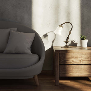 Brass table lamp with sculpted floral frosted glass shade and engraved base by Ghidini 1849 - Finish: OAS Antique Brass