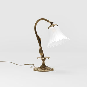 Brass table lamp with sculpted floral frosted glass shade and engraved base by Ghidini 1849 - Finish: OBS Bronze Satin Brass