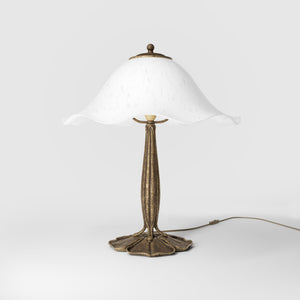 Brass table lamp with floral frosted glass shade and wood base by Ghidini 1849 - Finish: OAS Antique Brass