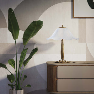 Brass table lamp with floral frosted glass shade and wood base by Ghidini 1849 - Finish: OBS Bronze Satin Brass