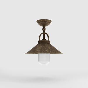 Rustic outdoor ceiling lamp in brass with 90-degree joint conical shade and transparent glass diffuser Giada collection by Ghidini 1849 - Finish: OAS Antique Brass