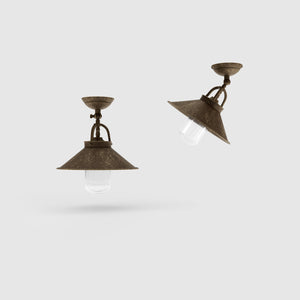 Rustic outdoor ceiling lamp in brass with 90-degree joint conical shade and transparent glass diffuser Giada collection by Ghidini 1849 - Finish: OAS Antique Brass