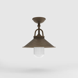 Rustic outdoor ceiling lamp in brass with 90-degree joint conical shade and transparent glass diffuser Giada collection by Ghidini 1849 - Finish: OBM Bronze Satin Matt Brass