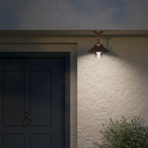 Rustic outdoor ceiling lamp in brass with 90-degree joint conical shade and transparent glass diffuser Giada collection by Ghidini 1849 - Finish: OBM Bronze Satin Matt Brass