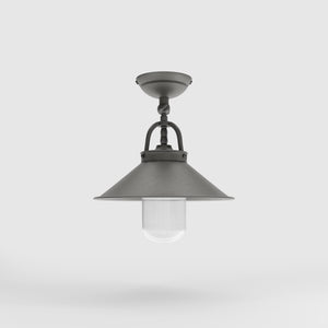 Rustic outdoor ceiling lamp in brass with 90-degree joint conical shade and transparent glass diffuser Giada collection by Ghidini 1849 - Finish: OBR Dark Bronze