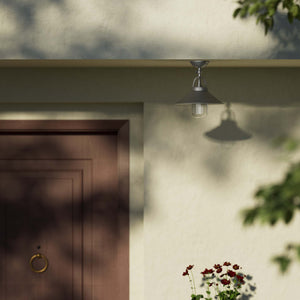 Rustic outdoor ceiling lamp in brass with 90-degree joint conical shade and transparent glass diffuser Giada collection by Ghidini 1849 - Finish: OBR Dark Bronze