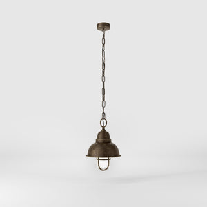 Industrial brass pendant light for outdoor spaces with caged glass by Ghidini 1849 - Finish: OAS Antique Brass
