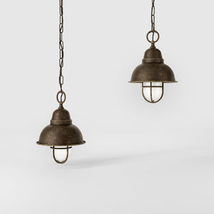 Industrial brass pendant light for outdoor spaces with caged glass by Ghidini 1849 - Finish: OAS Antique Brass