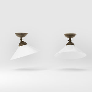 Brass ceiling lamp with white cone glass shade adjustable joint classic style round base Italian craftsmanship by Ghidini 1849 - Finish: OAS Antique Brass