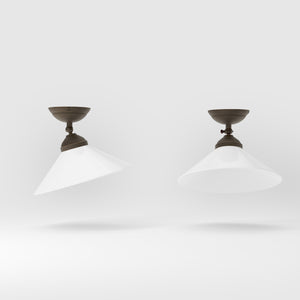 Brass ceiling lamp with white cone glass shade adjustable joint classic style round base Italian craftsmanship by Ghidini 1849 - Finish: OBM Bronze Satin Matt Brass
