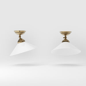 Brass ceiling lamp with white cone glass shade adjustable joint classic style round base Italian craftsmanship by Ghidini 1849 - Finish: OBS Bronze Satin Brass