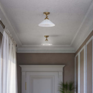 Brass ceiling lamp with white cone glass shade adjustable joint classic style round base Italian craftsmanship by Ghidini 1849 - Finish: OBS Bronze Satin Brass