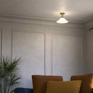 Brass ceiling lamp with white cone glass shade adjustable joint classic style round base Italian craftsmanship by Ghidini 1849 - Finish: OBS Bronze Satin Brass