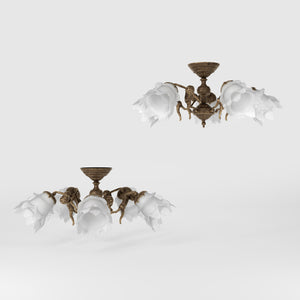 Classic ceiling lamp with brass putti and five petal-shaped frosted glass shades, rosette decorated with floral motifs by Ghidini 1849 - Finish: OAS Antique Brass