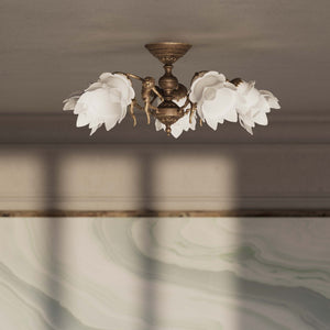 Classic ceiling lamp with brass putti and five petal-shaped frosted glass shades, rosette decorated with floral motifs by Ghidini 1849 - Finish: OAS Antique Brass