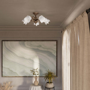 Classic ceiling lamp with brass putti and five petal-shaped frosted glass shades, rosette decorated with floral motifs by Ghidini 1849 - Finish: OAS Antique Brass