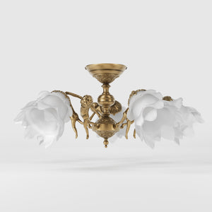 Classic ceiling lamp with brass putti and five petal-shaped frosted glass shades, rosette decorated with floral motifs by Ghidini 1849 - Finish: OBS Bronze Satin Brass