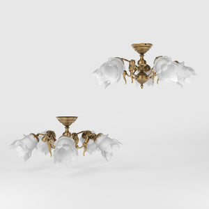 Classic ceiling lamp with brass putti and five petal-shaped frosted glass shades, rosette decorated with floral motifs by Ghidini 1849 - Finish: OBS Bronze Satin Brass