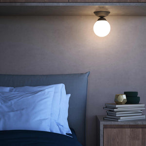 Classic ceiling light with glossy white glass globe and circular brass base elegant Italian design interior lighting by Ghidini 1849 - Finish: OBM Bronze Satin Matt Brass