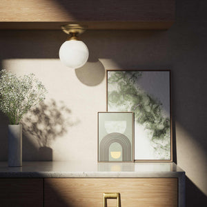 Classic ceiling light with glossy white glass globe and circular brass base elegant Italian design interior lighting by Ghidini 1849 - Finish: OBS Bronze Satin Brass