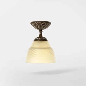 Art Nouveau brass ceiling lamp with floral decorated canopy and bell-shaped frosted glass diffuser with diamond pattern by Ghidini 1849 - Finish: OAS Antique Brass