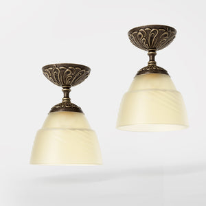 Art Nouveau brass ceiling lamp with floral decorated canopy and bell-shaped frosted glass diffuser with diamond pattern by Ghidini 1849 - Finish: OAS Antique Brass