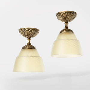 Art Nouveau brass ceiling lamp with floral decorated canopy and bell-shaped frosted glass diffuser with diamond pattern by Ghidini 1849 - Finish: OBS Bronze Satin Brass