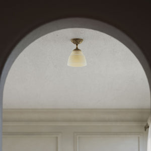 Art Nouveau brass ceiling lamp with floral decorated canopy and bell-shaped frosted glass diffuser with diamond pattern by Ghidini 1849 - Finish: OBS Bronze Satin Brass