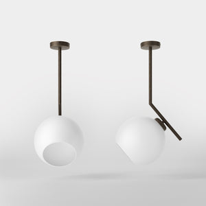 Brass ceiling light with opal glass sphere, asymmetrical design, perfect for modern and sophisticated interiors by Ghidini 1849 - Finish: OBM Bronze Satin Matt Brass