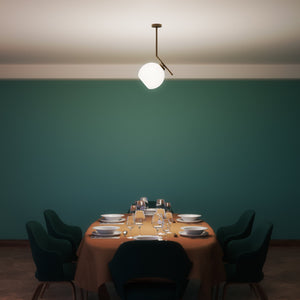 Brass ceiling light with opal glass sphere, asymmetrical design, perfect for modern and sophisticated interiors by Ghidini 1849 - Finish: OBM Bronze Satin Matt Brass